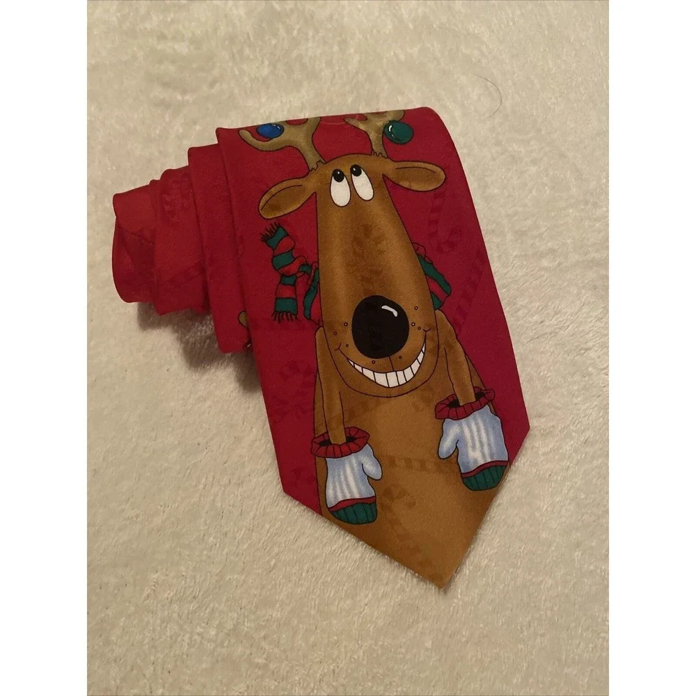 Hallmark Yule Tie Greetings Mens Neck Tie Reindeer Christmas Red classic